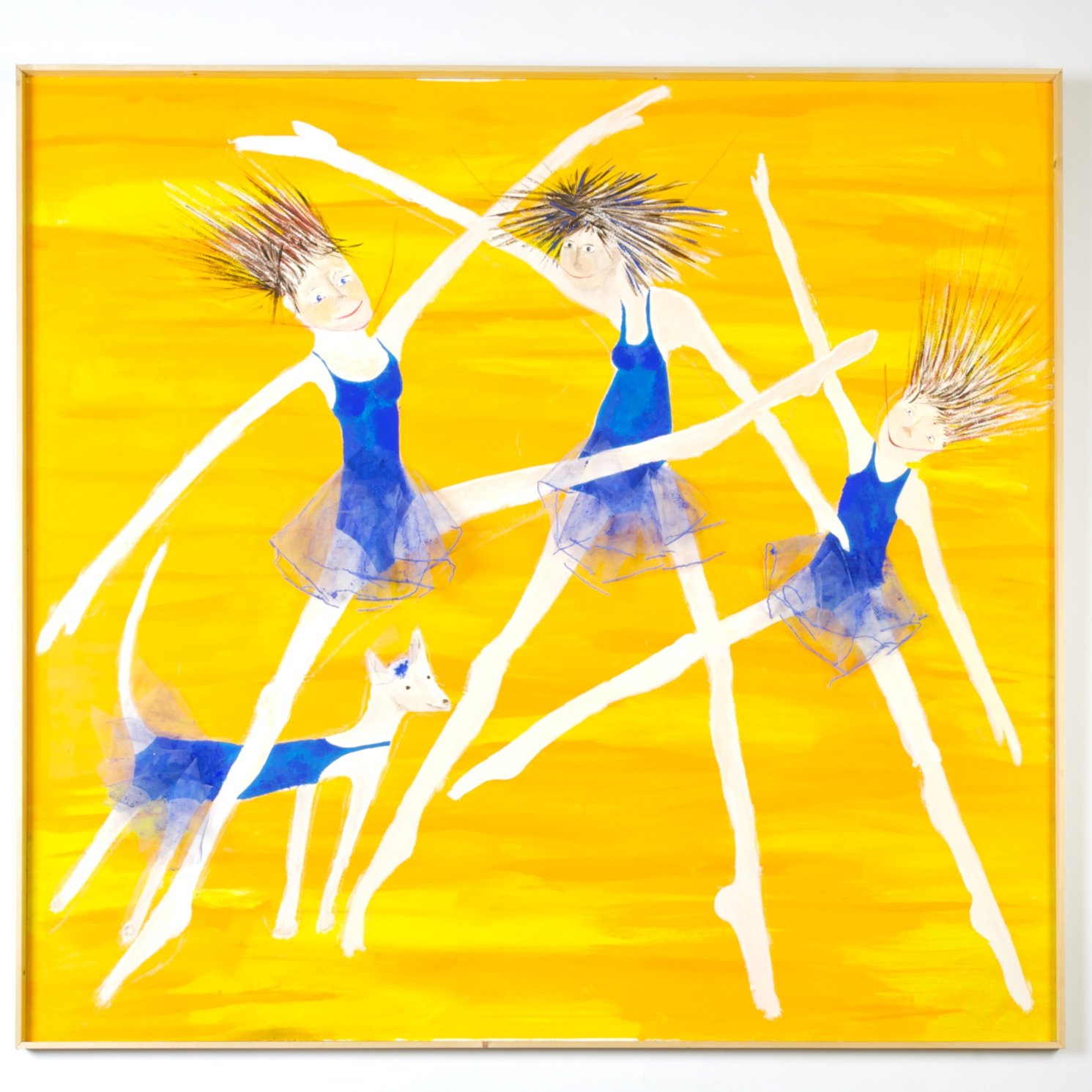 Schilderij geel met blauwe dansende meisjes