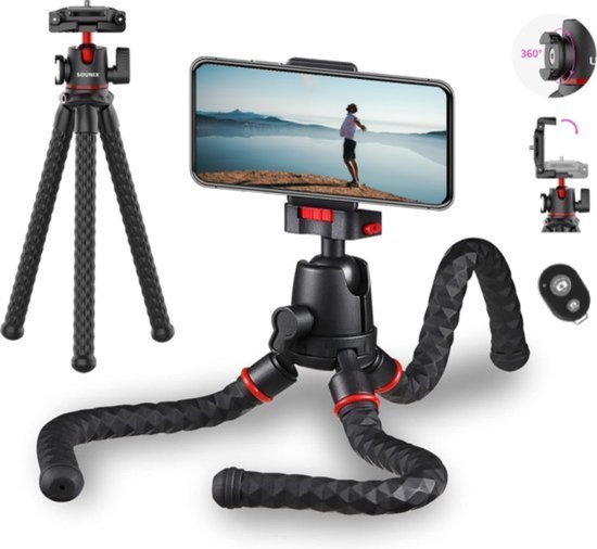 Sounix telefoon statief - Tripod Smartphone met Bluetooth Afstandsbediening - 2 in 1 Flexibele Statief - Telefoonhouder - Zwart