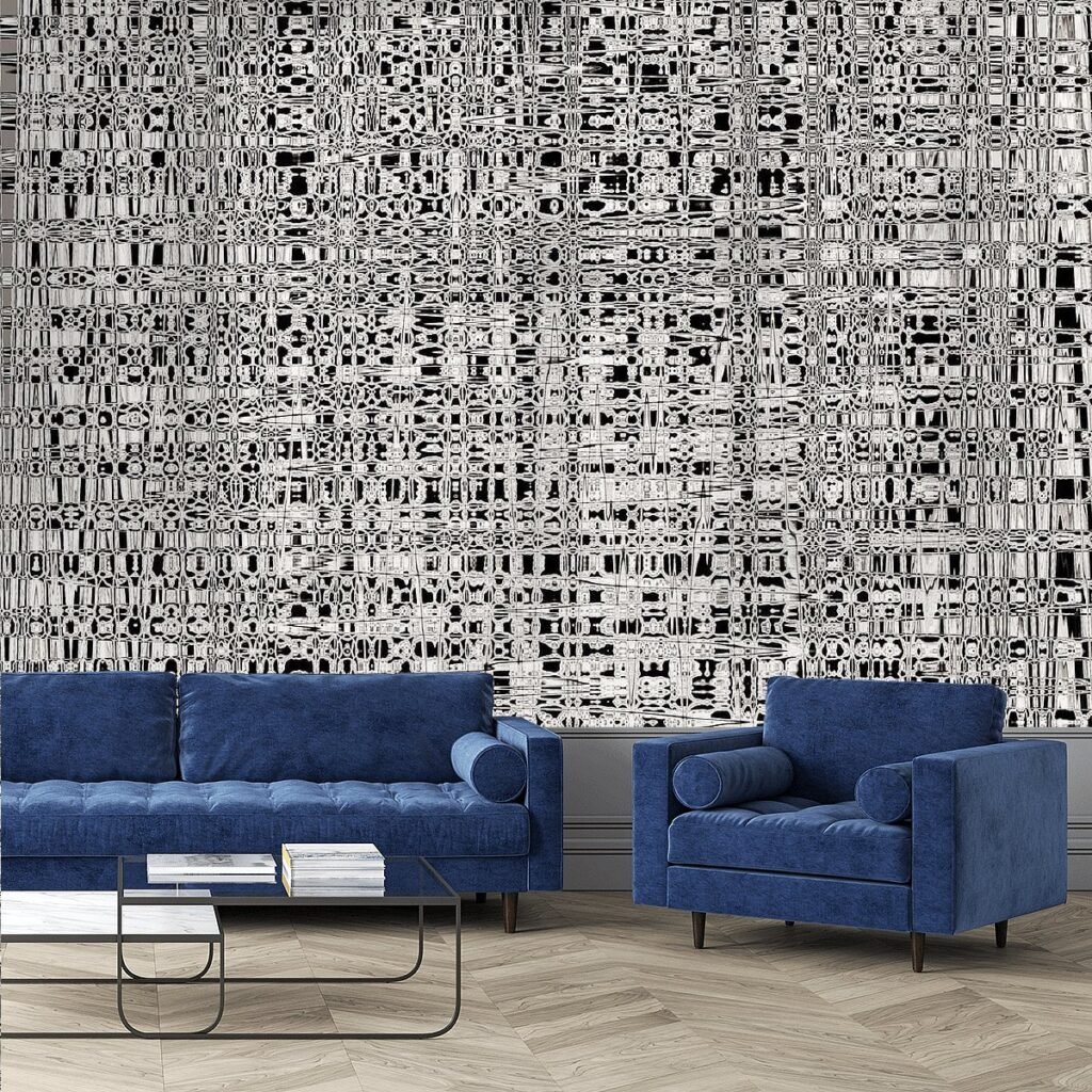 werkaandemuur lijnen en readertjes in het zwart wit behang voor in de woonkamer interieur livingroom blauwebank digitale afdruk behang aan de muur