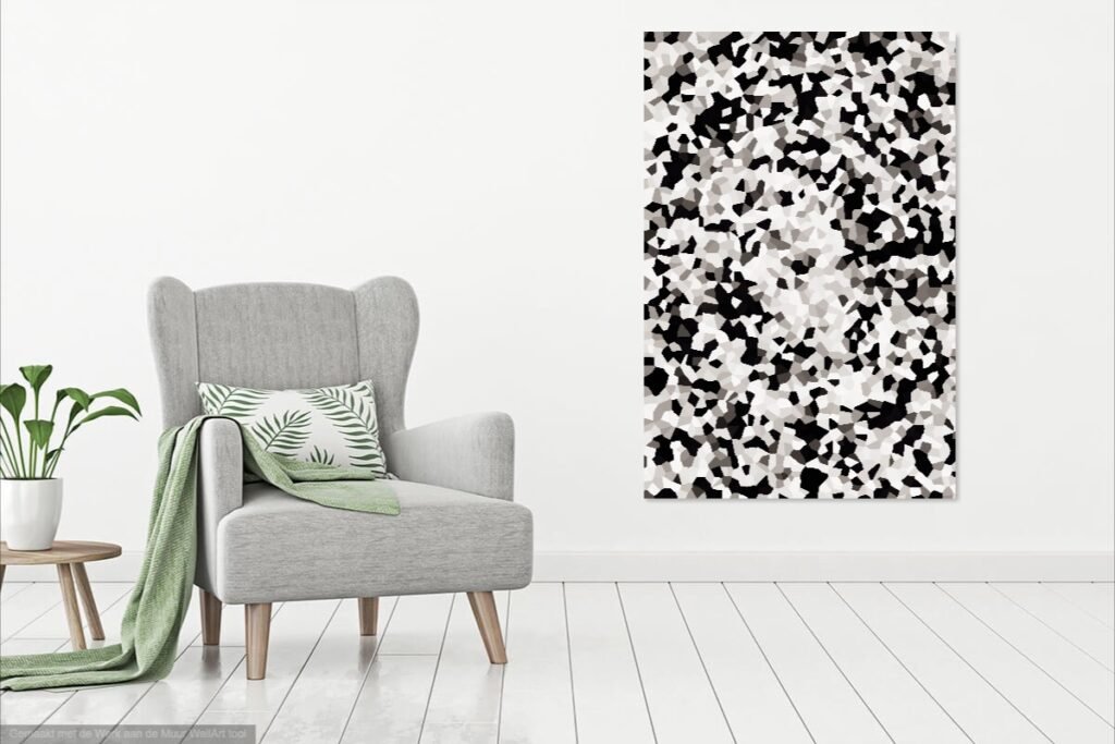 Digitale kunst aan de muur in het zwart wit en creme. Gemaakt door Pauline Smale. Strak modern en fris. Ideale fotokunst aan de muur boven jouw werkplek, bank of in de woonkamer!